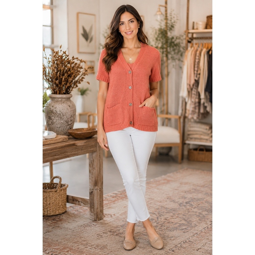 Evan-Picone Coral Knit Cardigan Sweater XL Short Sleeve Button Front Pockets‎